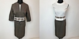 Vintage Skirt Suit Size M Brown and White Embroidered Top Jacket OOAK SK2 - $12.75