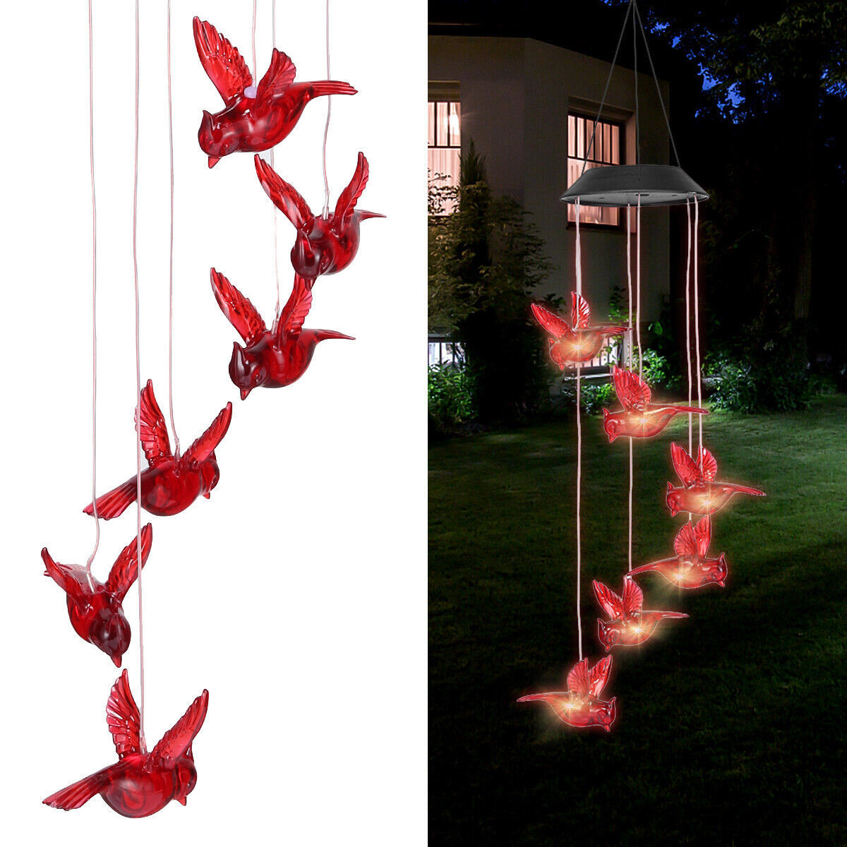 Solar Wind Chimes Lights Led Cardinal Red Bird Hanging Lamp Garden Home Decor - £13.85 GBP