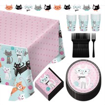 HOME &amp; HOOPLA Cat Party Pink Paper Dinner Plates, Napkins, Forks, Cups, Table Co - £16.51 GBP+