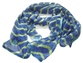 Blue and Yellow Striped Sheer Scarf with Embroidered Floral Accents Rect... - £13.36 GBP