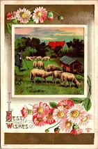 Best Wishes Sheep Herd Flowers Embossed Posted 1910 Antique Vintage Postcard - £5.97 GBP