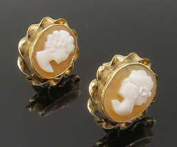 14K GOLD - Vintage Carved Woman Oval Cameo Stud Earrings - GE139 - £171.77 GBP