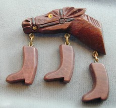 Vintage Carved Figural Horse Head &amp; Cowboy Boots Pin Glass Eye - £39.22 GBP