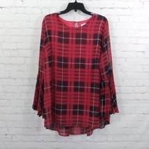 Peter Nygard Blouse Womens Large Red Plaid Long Sleeve Pleated Bell Sleeve - £19.65 GBP