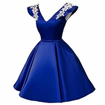 V Neck White Lace Short Satin Formal Gown Prom Homecoming Dress Royal Blue US 14 - £77.40 GBP