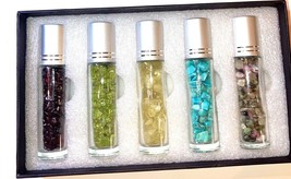 Glass Bottle Natural Crystal gems With Gemstone Roller Ball Top set of 5 - £15.09 GBP