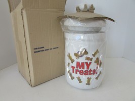 Dog Bones Canister &quot;My Treats!&quot; White Ceramic W/VACUUM Lid Bones 9.5&quot; Xpres New - £22.91 GBP