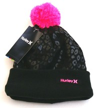 Hurley Black &amp; Pink Knit Cuff Pom Beanie Youth Girl&#39;s 7-16 NWT - £20.52 GBP