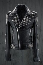 Leather Jacket with Studs Embellishment Rocker Leather Jacket Motorcycle Jacket  - £250.04 GBP