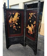 Antique Chinese Hand Carved Wood Lacquer Folding Two Panel Screen Birds ... - $24,701.57 MXN