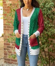 Lily Red &amp; Green Color Block Glitter Print Pocket Snap Button Cardigan S... - £17.99 GBP