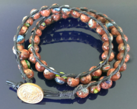 Double Leather wrap bracelet Goldstone beads 6 1/2&quot; Womens/Girls/Handmade  - £14.25 GBP
