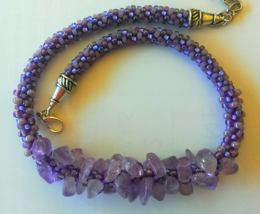 Light Amethyst tumbled Gemstone and woven seed beads Necklace Set Kumihimo  - £43.94 GBP