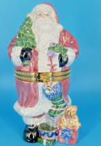 Christmas Decor Trinket Box Santa Claus with Gifts Hinged Porcelain Pink Gold - £11.11 GBP