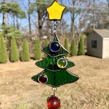 13” VTG Handmade Stained Glass Happy Christmas Tree Green Sun Catcher Ha... - £26.41 GBP