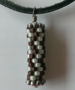 Mens Peyote Pendant Brown and Cream Beads on Leather Cord  - $14.49