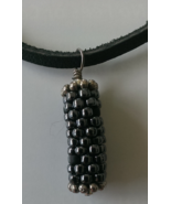 Men&#39;s Peyote Pendant Hematite color and black Beads on Leather Cord  - $275.85 MXN