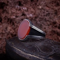 Oval Red Aqeeq Men Ring, Silver Handmade Jewelry, 925 Sterling Silver, For Men - £81.92 GBP
