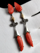 Estate Natural Red Coral Carved Diamond 18K Gold Silver Dangle Victorian Earring - £507.12 GBP