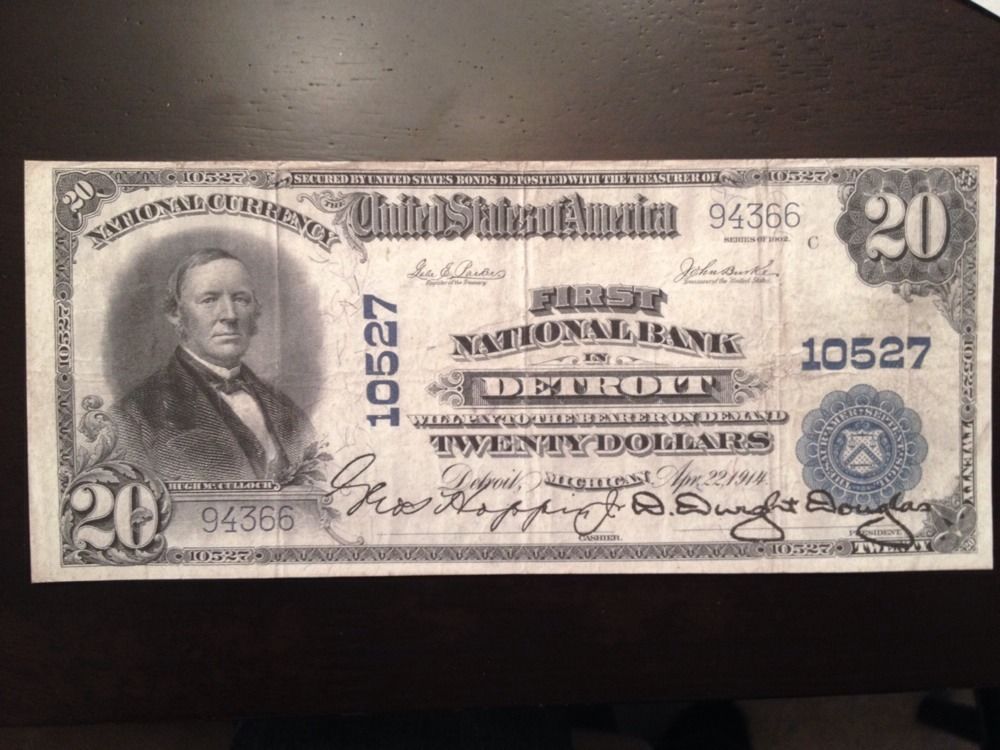 Reproduction $20 National Bank Note 1902 First National Bank Of Detroit, MI - $3.99