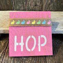 1 Pcs Colorful Bunny Tiered Pink Square Tray Rustic Wood HOP Mini Sign #... - £10.99 GBP