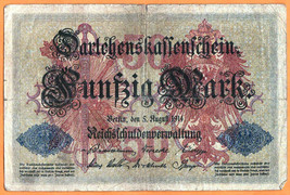 GERMANY 1914 Reichsschuldenverwaltung 50 Mark  Banknote Paper Money Bill... - £3.55 GBP
