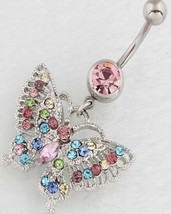 Pink Blue Green and silver butterfly belly bar /  ring - Multicolour - £8.72 GBP