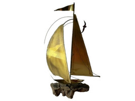 Sailboat Brass Metal Sculpture Burl Wood Base Nautical Boat Ship 17&quot; Vintage - £32.77 GBP