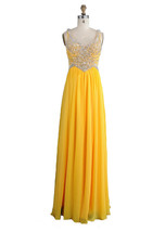 Rosyfancy Yellow V-neck Empire Sparkling Rhinestones Drape Chiffon Evening Dress - £155.31 GBP