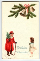 Santa Claus Christmas Postcard German Text Tree Girl Cane Embossed Series 4528 - £22.32 GBP