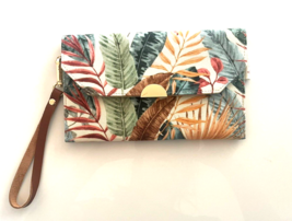 Handmade Green Palm Leaf Tropical Print Canvas Envelope Wallet Clutch 8&quot; x 5&quot; - £21.35 GBP