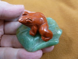 (Y-FRO-LP-715) Red FROG frogs green LILY PAD stone gemstone CARVING figu... - $17.53