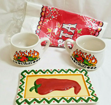 Festa Chili Party Set 2 Mugs Pepper Plate Tablecloth/Cover Ceramic Red White - £29.17 GBP
