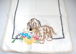 Vintage Embroidered Dresser Scarf Adorable Puppy w Basket of Flowers 32&quot; NICE - £11.02 GBP