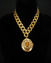 LARGE Victorian Pearl locket Rhinestone religious portrait Thick gold chain - £176.93 GBP