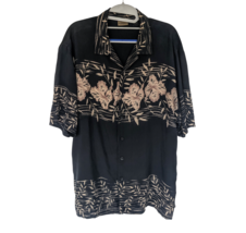 AXIST Men&#39;s Button Down Silk Shirt Size L, Black With Gold Floral Pattern - £12.66 GBP