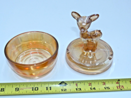 Jeanette Marigold Carnival Glass Deer Fawn Vanity Powder Jar Dish - $24.75