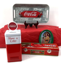 Lot Of 4 Collectible Coca Cola Tin Bank Tray Box With Handle Oval - $59.40