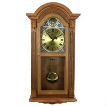 Bedford 29” Honey Oak Wood Wall Clock w Chimes Swinging Pendulum &amp; Gold Accents - £84.78 GBP