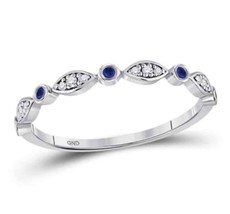 10K White Gold Round Blue Sapphire Diamond Stackable Band Ring 1/10 cttw - £506.84 GBP
