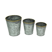 Set 3 Galvanized Zinc Finish Primitive Buckets Hand Painted Metallic Gold Rims - $33.12