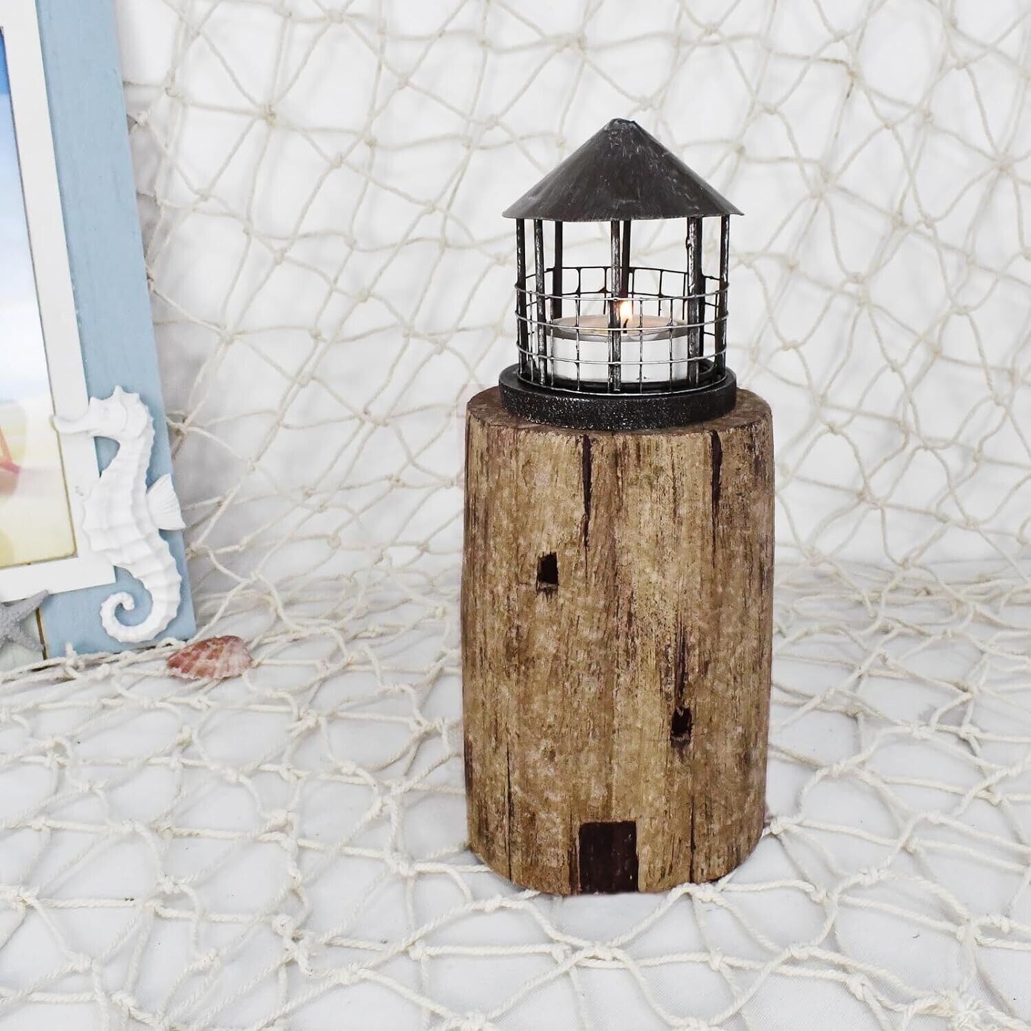 Wooden Lighthouse Candle Holder Decorative Tea Light Holder Ocean Beach Nautical - $25.23 - $43.00