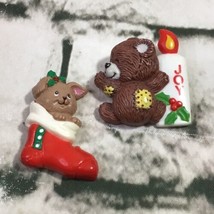 Vintage Christmas Pins Lot Of 2 Rag Tag Teddies Enesco Hallmark Plastic  - £9.41 GBP