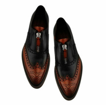 Handmade Men Oxfords Formal Black Brown Two Tone Brogue Zip Leather Dress Shoes - £120.54 GBP+