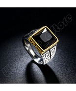 Men&#39;s Greek Key Ring 18KGP Gold Frame Black Cubic Zirconia Titanium Stee... - $10.99