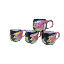 Lot of 4 Embossed Tropical Ceramic Flying Bird Colorful Coffee Mugs Cups - $18.69