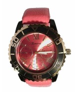 NEW Geneva Platinum 2353 Women&#39;s Roman Coral Pink Leather Gold Bezel Bla... - $16.78