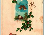 Minimalist Christmas Greetings Holly Cabin Scene Bells 1917 DB Postcard I7 - $6.88