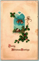 Minimalist Christmas Greetings Holly Cabin Scene Bells 1917 DB Postcard I7 - £5.38 GBP