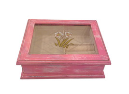 Leaded Glass Jewelry Box, Pink Hand-painted Distressed Wooden Box - £71.14 GBP